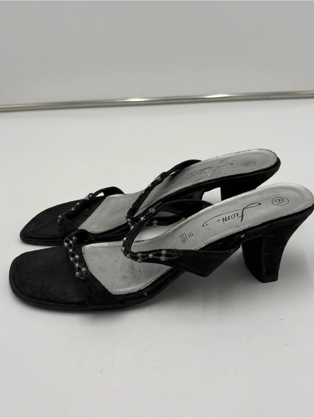 Vintage Y2K Fairycore Fioni Black Sandal Kitten Heels Beaded Women’s Size 8.5